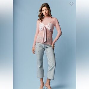 975. Satin bow sheer lace long sleeve top in pink